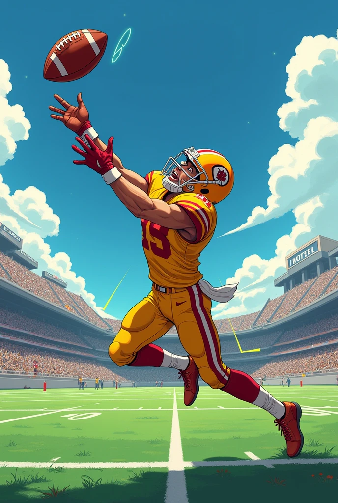 anime american football player catching a football with yellow and red jersey
