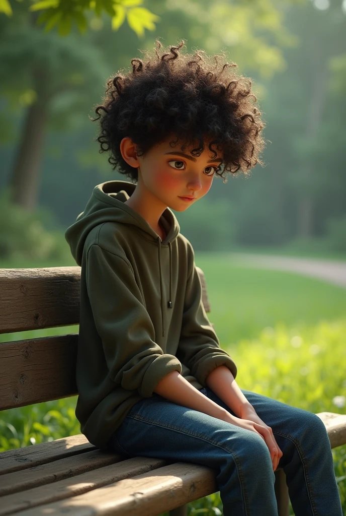 A tall, curly teenager sitting on a bench 