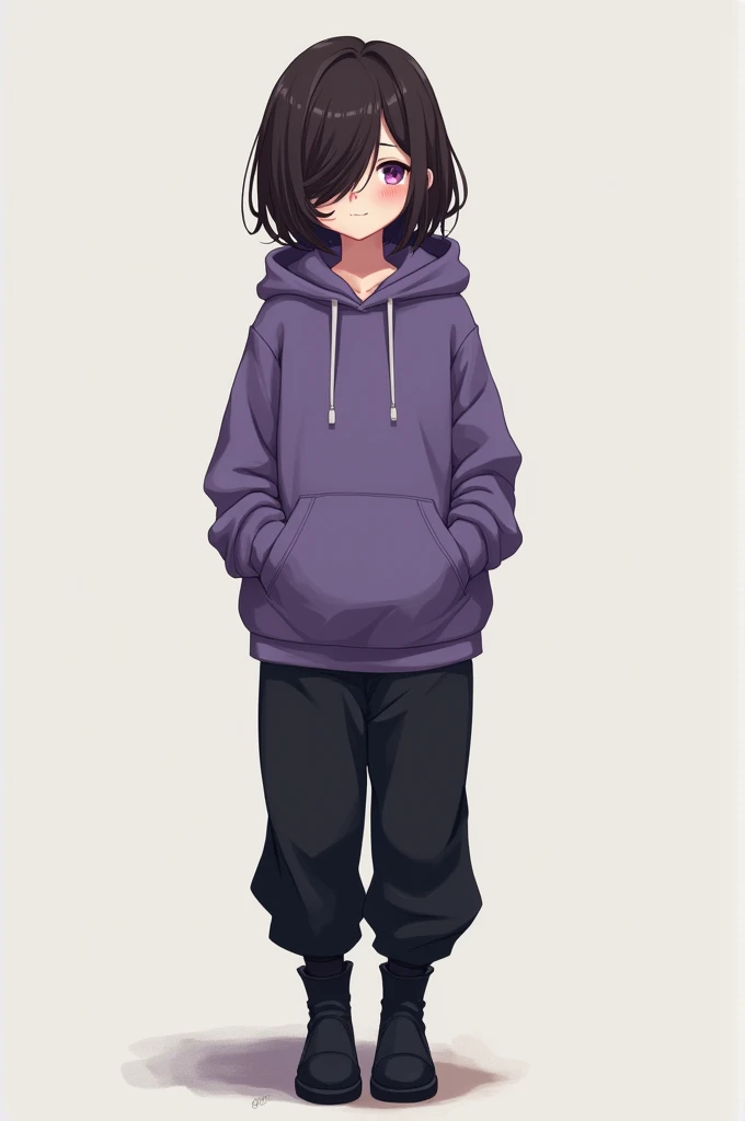 Anime girl, short, 5’0, short brownish black hair, covers her face, wears a purple hoodie, black sweat pants, black boots,  girl