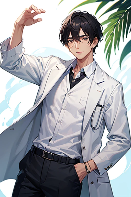 50 year old male doctor, wearing medical uniform, shorts black hair, doctor's clothing, white coat, green blouse, white pants, looking directly at viewer, white background.
