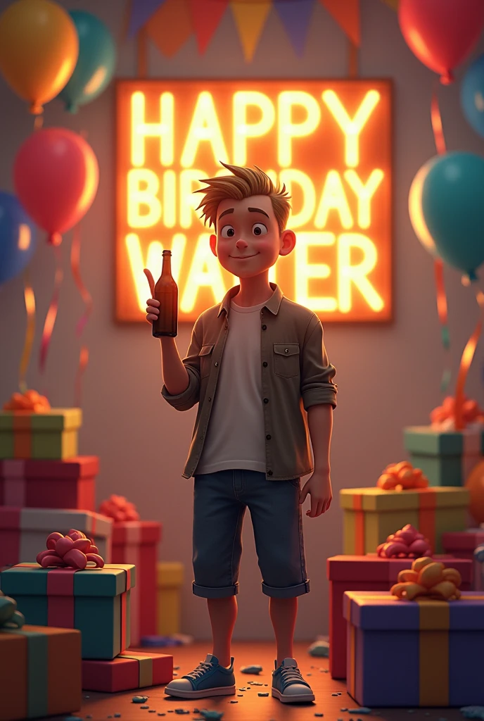 Realistic image of a birthday party. There are balloons of various colors floating and stuck to the walls, as well as streamers and confetti scattered on the floor. A lighted sign with the letters "HAPPY BIRTHDAY WALTER" hangs on the wall. In the center of the room is an armchair with an adult Caucasian man with short dark blonde hair, very broad forehead and oval, hairless face with a large nose, holding a bottle in one hand and making the peace sign with the other. The man is dressed casually and is surrounded by gift boxes..