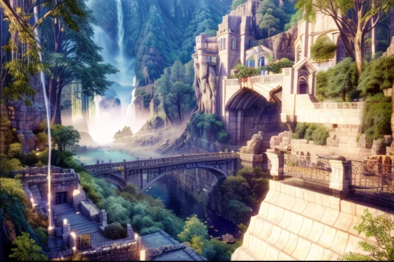 there is a picture of a waterfall in the background with a bridge, rivendell, epic rivendell fantasy, villages ， unreal engine, scene where she is in rivendell, medeival fantasy town, elven palace of ghemathar, unreal engine ; romantic theme, unreal 6 breathtaking detailed, realistic unreal engine 3 d game, elven city, village in the mountains, houses