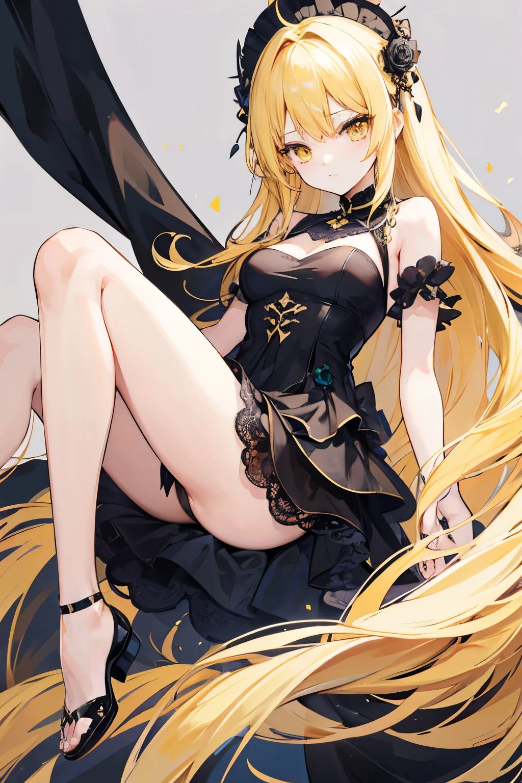 Long blonde hair、yellow Eyes、fancy short black dress, slim legs