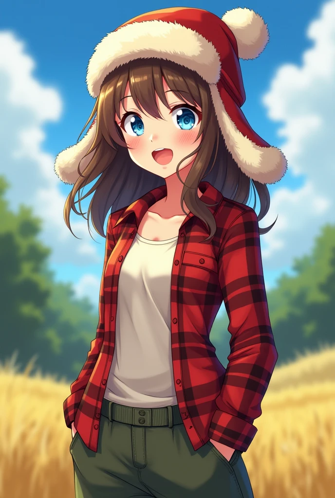 A young, slender girl, around 18 years old, with an open and friendly expression. She wears dark boots and wide pants, giving her a slightly casual but confident look. She's dressed in an unbuttoned checkered shirt, underneath which she has a light-colored t-shirt. Her fluffy brown hair is slightly tousled, falling on her shoulders and peeking out from under a Soviet-style ushanka hat, adding a playful touch to her appearance. Her bright blue eyes sparkle with joy and optimism, reflecting her cheerful nature and inner strength. In the ushanka, she looks stylish and cozy in her own way, as if ready for any adventure that life in the countryside might bring. Imagine her in an anime style, where her expressive features and vibrant personality shine even more vividly.