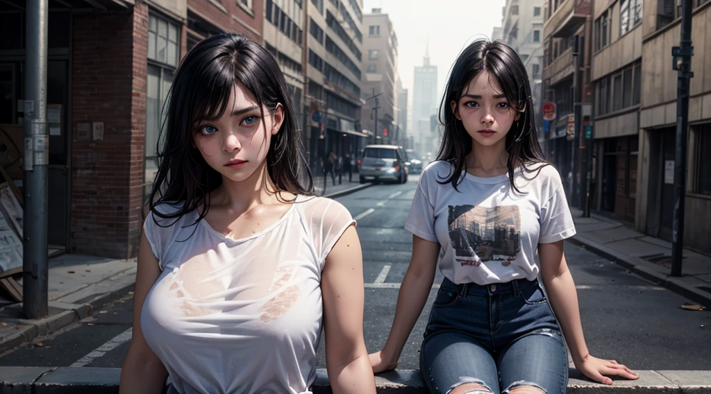 Real professional photography of a mother (30-35 years old) and her daughter (8 years old) as the main subjects. Both have vibrant blue eyes and long, messy black hair. Sitting together on a cracked sidewalk in a rundown urban environment, the mother protectively hugs her daughter. Beautiful, well-defined faces, with natural skin imperfections and subtle dark circles, looking directly at the camera with complex expressions of sadness and vulnerability. The mother looks visibly older, with subtle signs of age and stress. They wear worn, simple clothes: the mother wears a faded T-shirt and ripped jeans, the daughter a simple, dirty dress. Soft, natural lighting from the left, highlighting the blue eyes and creating subtle shadows. The blurred background shows a degraded urban landscape: faded graffiti, garbage, an abandoned building with broken windows. Cold, desaturated color palette. High resolution, professional photographic quality, attention to detail to convey the realism of street life. 8k rendering, extreme detail, realistic portrait.