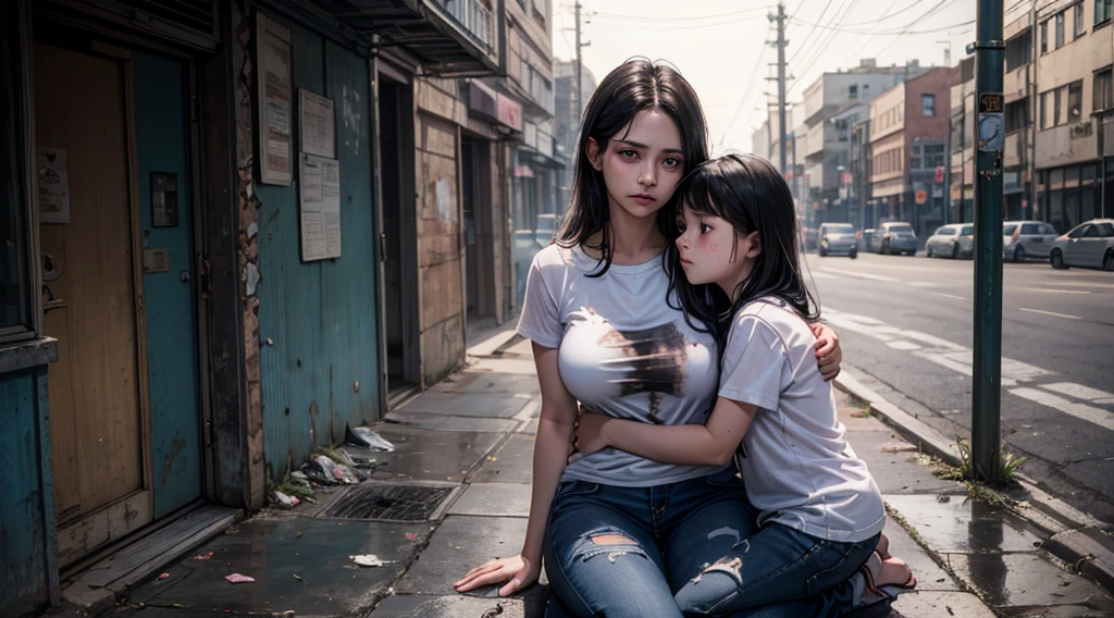 Real professional photography of a mother (30-35 years old) and her daughter (8 years old) as the main subjects. Both have vibrant blue eyes and long, messy black hair. Sitting together on a cracked sidewalk in a rundown urban environment, the mother protectively hugs her daughter. Beautiful, well-defined faces, with natural skin imperfections and subtle dark circles, looking directly at the camera with complex expressions of sadness and vulnerability. The mother looks visibly older, with subtle signs of age and stress. They wear worn, simple clothes: the mother wears a faded T-shirt and ripped jeans, the daughter a simple, dirty dress. Soft, natural lighting from the left, highlighting the blue eyes and creating subtle shadows. The blurred background shows a degraded urban landscape: faded graffiti, garbage, an abandoned building with broken windows. Cold, desaturated color palette. High resolution, professional photographic quality, attention to detail to convey the realism of street life. 8k rendering, extreme detail, realistic portrait.