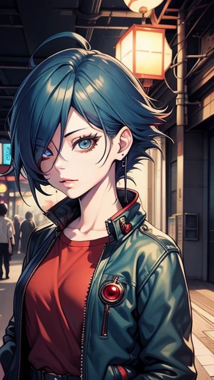 first work,Detailed,High resolutions:1.4) , Model photo, to close, Detailed face, Fine, detailed eyes,, (Kirishima Touka),medium blue hair,ojo ghoul,retro jacket,Tokyo Ghoul,retrofuturistic background, vibrant colors, HdR,, ,