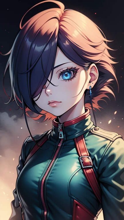 first work,Detailed,High resolutions:1.4) , Model photo, to close, Detailed face, Fine, detailed eyes,, (Kirishima Touka),medium blue hair,ojo ghoul,retro jacket,Tokyo Ghoul,retrofuturistic background, vibrant colors, HdR,, ,