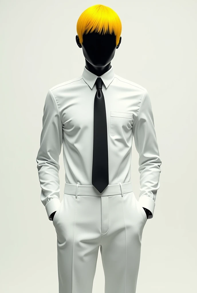 have a character with white skin with a white jumpsuit with a black tie with yellow hair and a black face