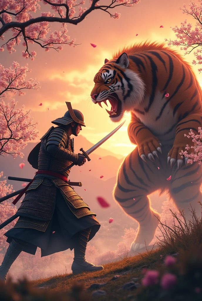 Samurai killing tiger man in samurai armor. With sakura trees at sunset with mountains in the background