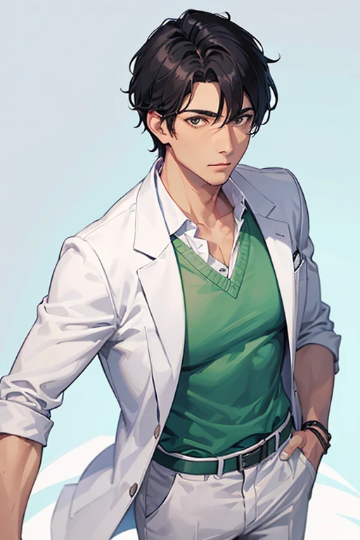 50 year old male doctor, wearing medical uniform, shorts black hair, doctor's clothing, white coat, green blouse, white pants, looking directly at viewer, white background.