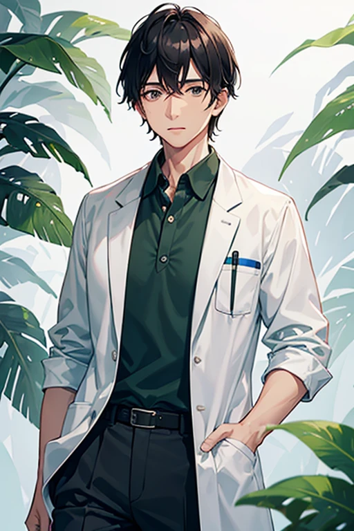 50 year old male doctor, wearing medical uniform, shorts black hair, doctor's clothing, white coat, green blouse, white pants, looking directly at viewer, white background.