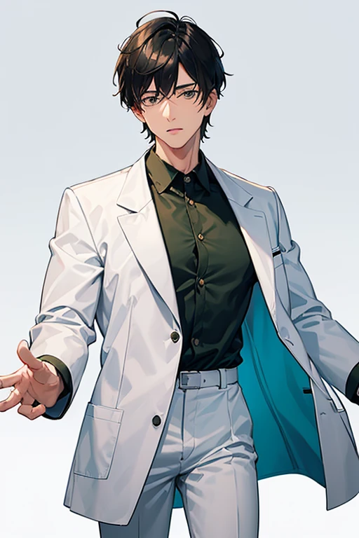 50 year old male doctor, wearing medical uniform, shorts black hair, doctor's clothing, white coat, green blouse, white pants, looking directly at viewer, white background.