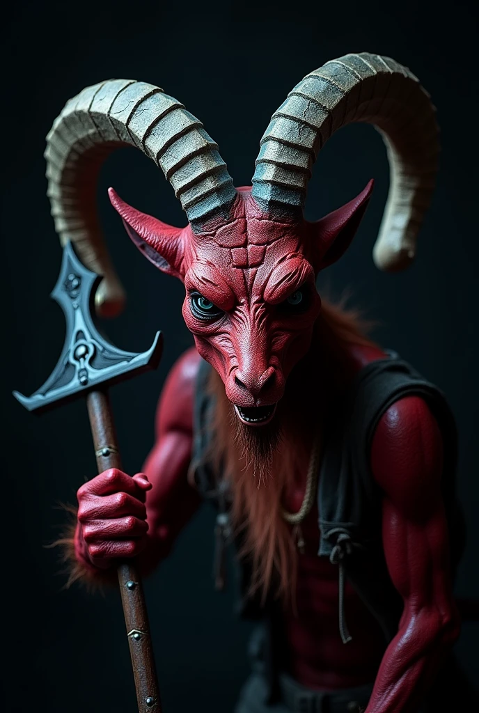 scary evil red and blue goat demon holding medieval weapon in a black background  looking at you close up