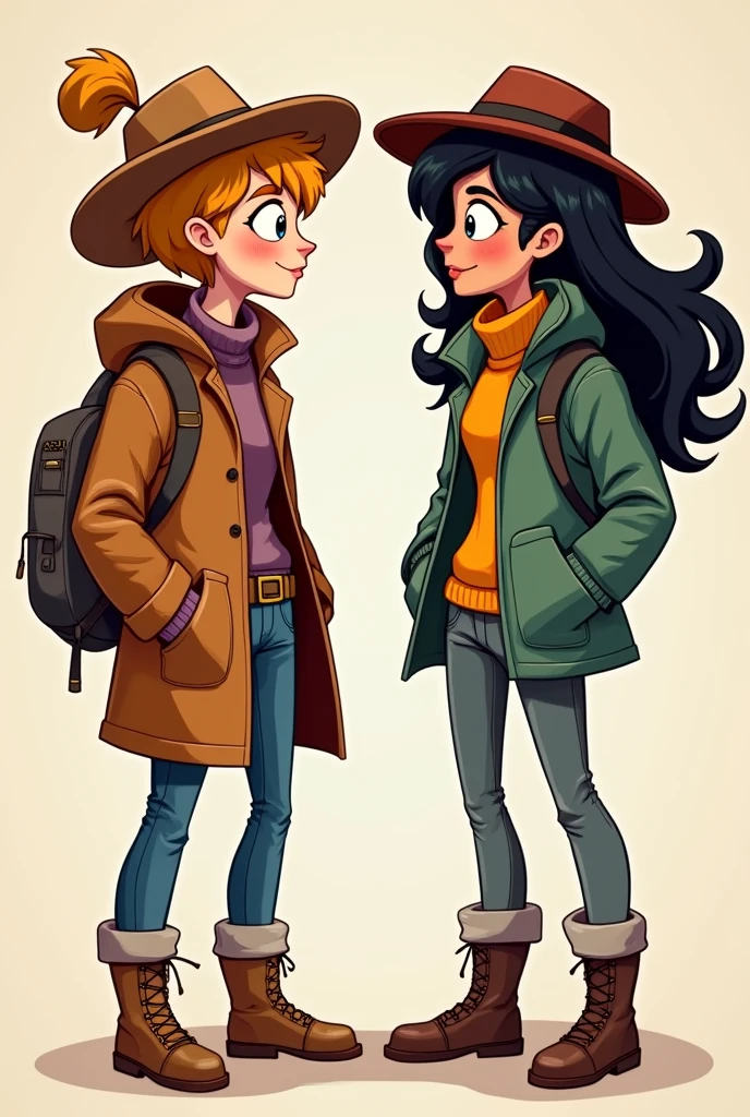 Create a woman with a brown jacket, brown hat do it in cartoon style create it next to a negative version of her and make them look like rivals
