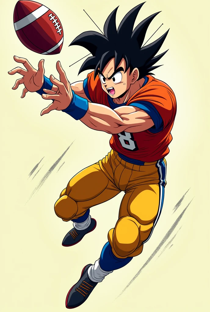 anime american football player catching a football with yellow and red jersey without helmet in the style of dragon ball 