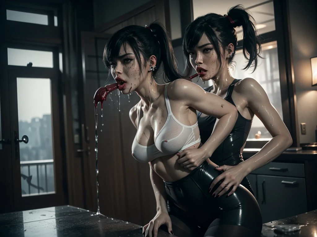 ((Pov blowjob)),, (she has your cock in her mouth), (((red dripping blood))), sexy and perfect tight heart shaped ass, ((female vampire with sharp perfect fangs)), (She is sucking on a man's penis to the hilt), she is biting into a man's penis with her sharp fangs, intense, super slutty, (skintight slutty and revealing bodysuit), ((skirt/pantyhose)), perfect legs and skinny thighs, pantyhose, ((perfect tight ass)), tight wet pussy, giantess, dread, impending death, sex, domination, ((Perfect eyes and face)), ((closed wet full lips)), ((perfect hands and fingers)), ((( a lot of white cum is dripping out of her pussy))), ((she has a skinny and toned strong body)), ((makeup)), ((freckles)), ((perfect eyebrows)), ((sharper edges)), ((perfect scary grey eyes)), perfect intimidating face, slut, sadistic, predatory, better detail on her skin, perfect face and strong jawline, perfect full wet lips, sadistic atmosphere, wet sweaty skin, more detail, beautiful intimidating grey eyes, ((beautiful horror)), better lighting, more toned muscles, perfect detail on her intimidating eyes, very tight underwear, ((tight pussy)), (((tighter clothing))), slutty, intense, perfect detail, tight and sexy, ((piercings)), skinny, skinny and strong, more skin showing, intense, slutty, freckles, long skinny perfect legs, scary and intense, she is a skinny and toned 25 year old sexy and perfect and intimidating Japanese/American skinny/tone futuristic evil retribuition alice, pale white skin, eye contact, (full tall body is shown), (((hair with short ponytails and bangs))), , perfect face and eyes, she has a skinny and athletic body wearing pantyhose, only her full body is shown above the viewer looking down at him, perfect face, perfect strong jawline, perfect lips, best resolution, perfect bone structure, femdom, she has a skinny and toned young perfect body and legs, tight stockings