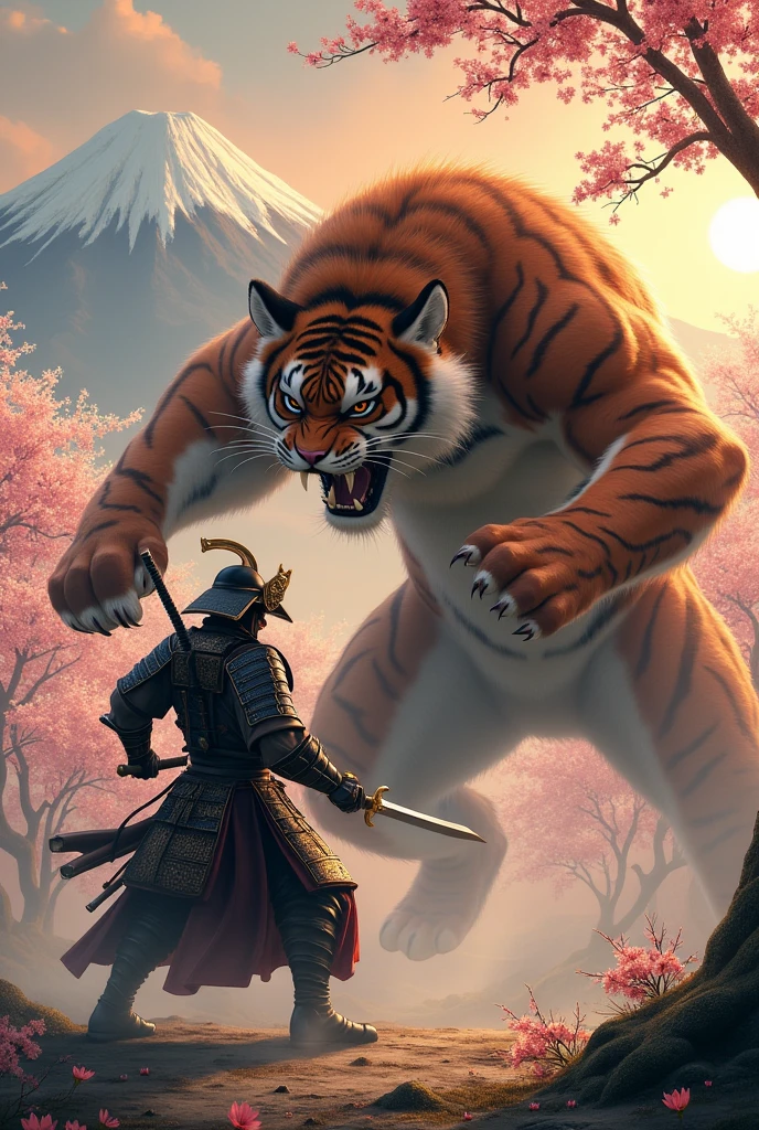 Samurai killing tiger man in samurai armor. With sakura trees at sunset with mountains in the background