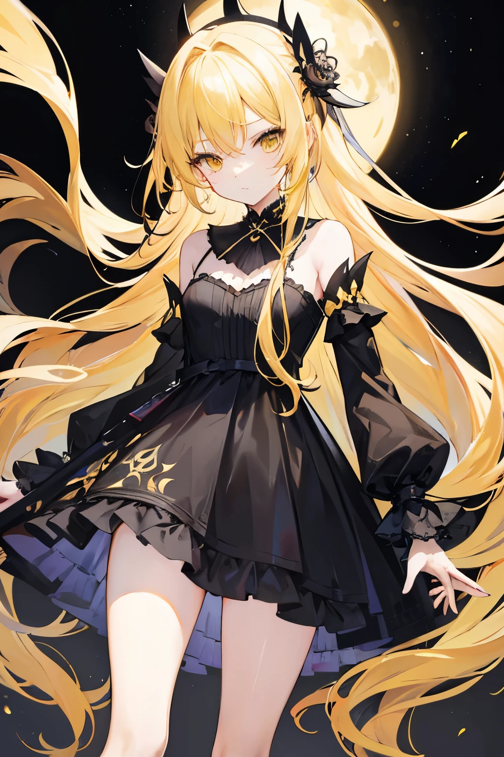 Long blonde hair、yellow Eyes、fancy black dress, slim legs