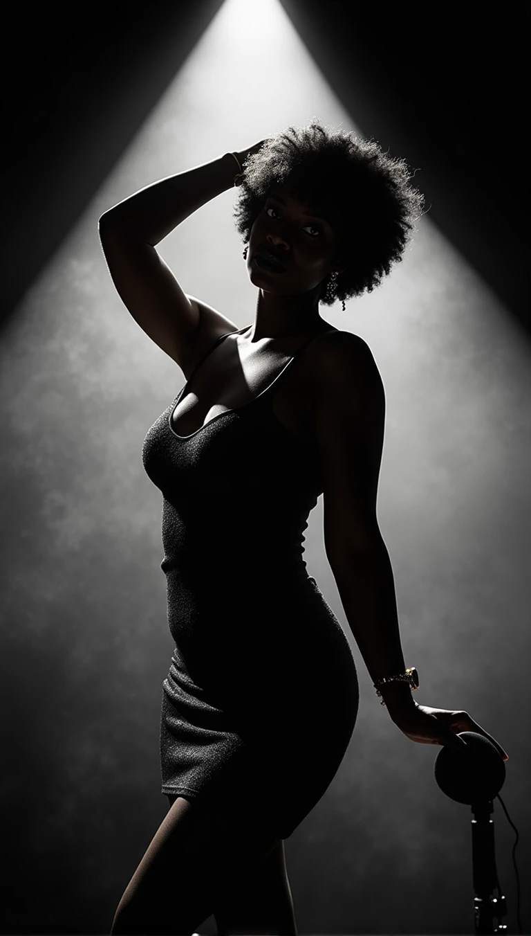 Images d'une femme noire, (((curvy black woman))), (((very dark skin))), (((busty black womans))), (((boxum girl))), (((big tits pressed together))), (((petites hanches))), (((Réaliste))), (((Boucles d'oreille en diamant))), finement détaillé, qualité, (((chef-d'œuvre))), (((photoRéaliste:1))), (best qualité), (((peau détaillée))), (détails complexes), Spectaculaire, chanteuse noire sur scène, 25 ans, peau détaillée texture, (rougir), Expression sérieuse, (((Undercut hair))), frange, portrait complet du corps, (((fond sombre))), (((ombres détaillées, Monochromes, photo en noir et blanc, silhouette, projecteur, Thème sombre)))