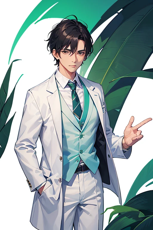 50 year old male doctor, wearing medical uniform, shorts black hair, doctor's clothing, white coat, green blouse, white pants, looking directly at viewer, white background.