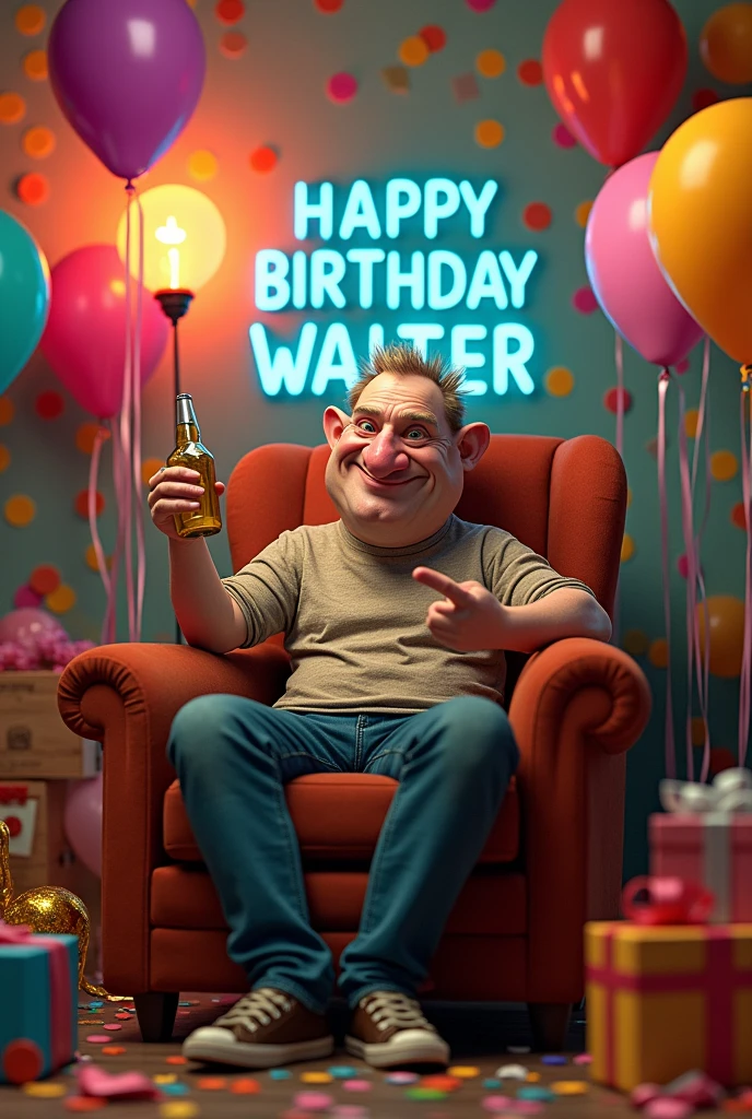 Realistic image of a birthday party. There are balloons of various colors floating and taped to the walls, as well as streamers and confetti scattered on the floor. A lighted sign with the letters "HAPPY BIRTHDAY WALTER" hangs on the wall. In the center of the room is an armchair with an adult Caucasian man with short dark blond hair, a very broad forehead and a hairless oval face with a large nose, holding a bottle in one hand and making a peace sign with the other. The man is dressed casually and is surrounded by gift boxes.