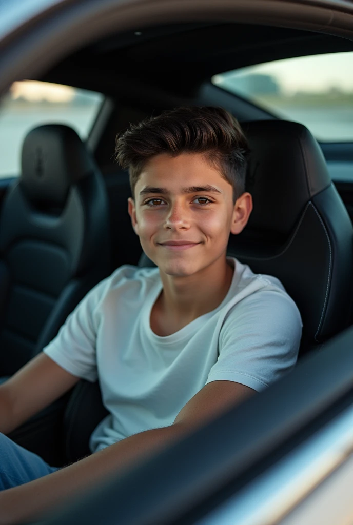 Photo of a  boy with his hair forward and sitting in my Maserati 