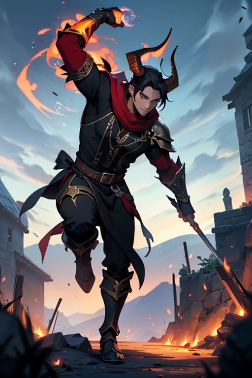 Generate an image of Zorath is a male witch man, Full body covered by a black tunic with dark RED skin, almost brown, which contrasts with his black hair and golden eyes without pupils. Its backward-curved horns give it an imposing appearance.. Wears light, flexible armor, adorned with runes and arcane symbols, and always carries a rapier with him (rapier). His build is muscular, fruit of years of training and combat. portrait. dynamic lighting, 4k, front focus.