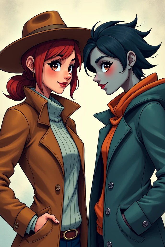 Create a woman with a brown jacket, brown hat do it in cartoon style create it next to a negative version of her and make them look like rivals