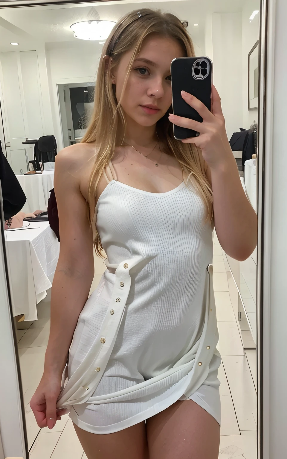 blonder woman, eyes you see, 17 year old young man , Perfect beauty, (((high qualiy))), (((Hyper-Realism))), photo taken with iPhone , vibrant look, styled hair, ((perfect photo)), wide background, (((Selfie))),she is wearing a white dress, luxurious environment, she is stunning, she would be, (((Selfie))), photo taken in the mirror, perfect photo, photo up close
