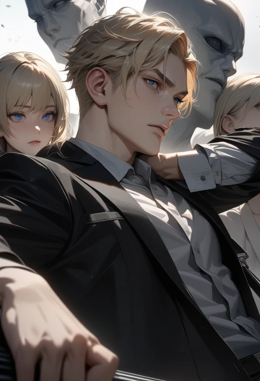 masterpiece, best quality, Super detailed, High Definition, HdR, realistic, depth, fine texture, super fine, Complete concentration, Pale man with blond hair and a muller cut, looking over his shoulder, posing on the back, wearing a black jacket, formal black bag, Beautiful man, Young man, blue eyes, male face, attractive young man, serious expression, poker face Single color white background, away from the camera, that there is space around, short platinum blonde hair. 
