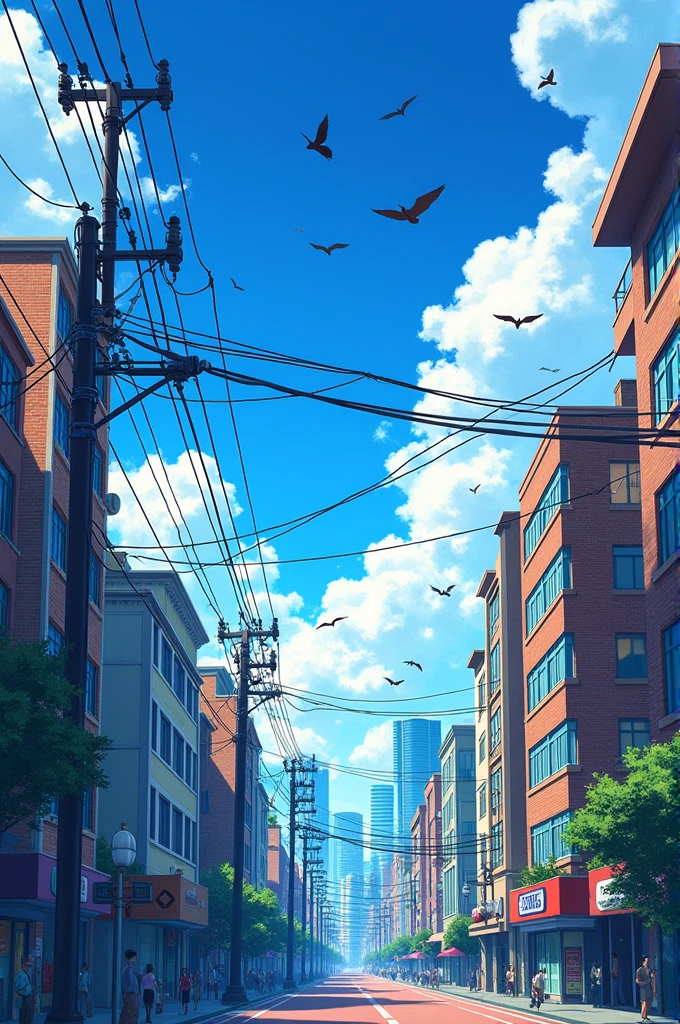 Draw a picture of a street and cities, let the road be seen, with wires in the lights and birds flying in anime style