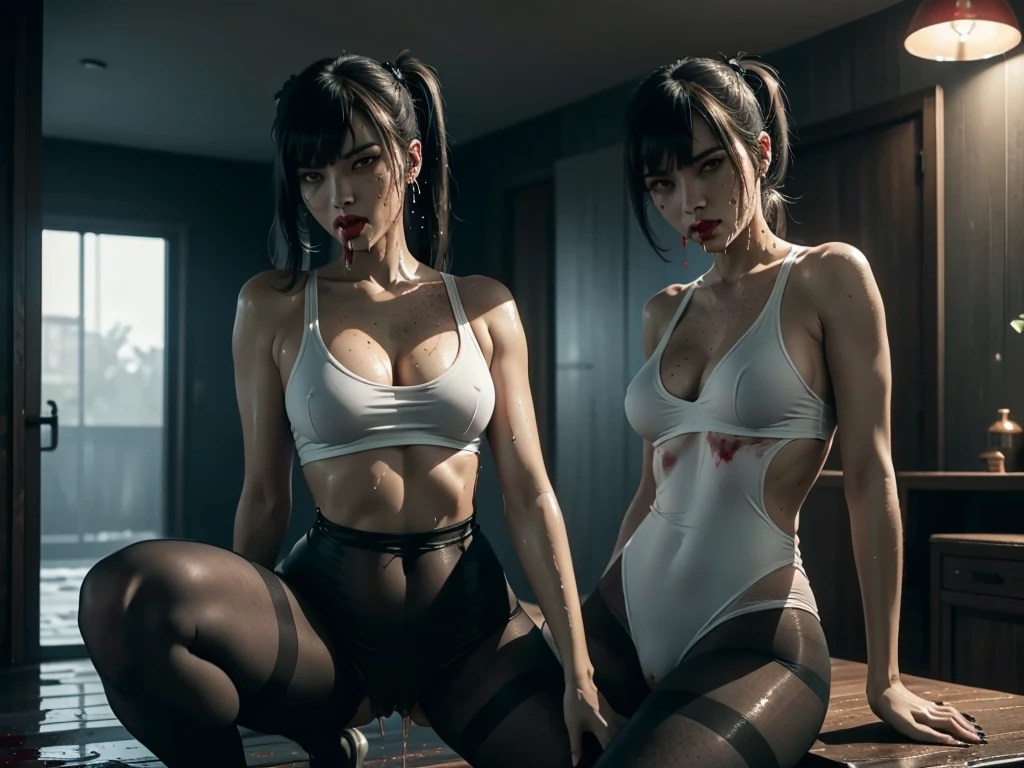 ((Pov blowjob)),, (she has your cock in her mouth), (((red dripping blood))), sexy and perfect tight heart shaped ass, ((female vampire with sharp perfect fangs)), (She is sucking on a man's penis to the hilt), she is biting into a man's penis with her sharp fangs, intense, super slutty, (skintight slutty and revealing bodysuit), ((skirt/pantyhose)), perfect legs and skinny thighs, pantyhose, ((perfect tight ass)), tight wet pussy, giantess, dread, impending death, sex, domination, ((Perfect eyes and face)), ((closed wet full lips)), ((perfect hands and fingers)), ((( a lot of white cum is dripping out of her pussy))), ((she has a skinny and toned strong body)), ((makeup)), ((freckles)), ((perfect eyebrows)), ((sharper edges)), ((perfect scary grey eyes)), perfect intimidating face, slut, sadistic, predatory, better detail on her skin, perfect face and strong jawline, perfect full wet lips, sadistic atmosphere, wet sweaty skin, more detail, beautiful intimidating grey eyes, ((beautiful horror)), better lighting, more toned muscles, perfect detail on her intimidating eyes, very tight underwear, ((tight pussy)), (((tighter clothing))), slutty, intense, perfect detail, tight and sexy, ((piercings)), skinny, skinny and strong, more skin showing, intense, slutty, freckles, long skinny perfect legs, scary and intense, she is a skinny and toned 25 year old sexy and perfect and intimidating Japanese/American skinny/tone futuristic evil retribuition alice, pale white skin, eye contact, (full tall body is shown), (((hair with short ponytails and bangs))), , perfect face and eyes, she has a skinny and athletic body wearing pantyhose, only her full body is shown above the viewer looking down at him, perfect face, perfect strong jawline, perfect lips, best resolution, perfect bone structure, femdom, she has a skinny and toned young perfect body and legs, tight stockings