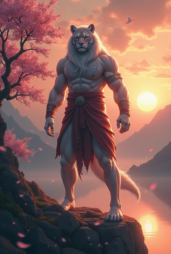 Dead Tiger Man. With sakura trees at sunset with mountains in the background