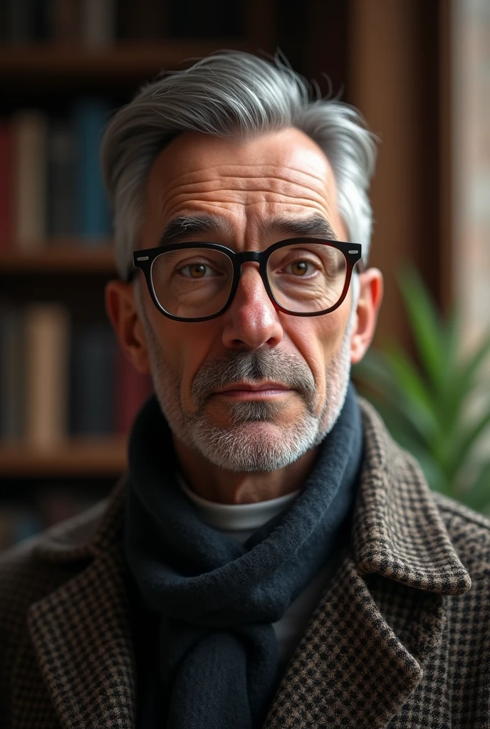 A man with very little hair, no beard, hazel eyes and square glasses at the age of 45