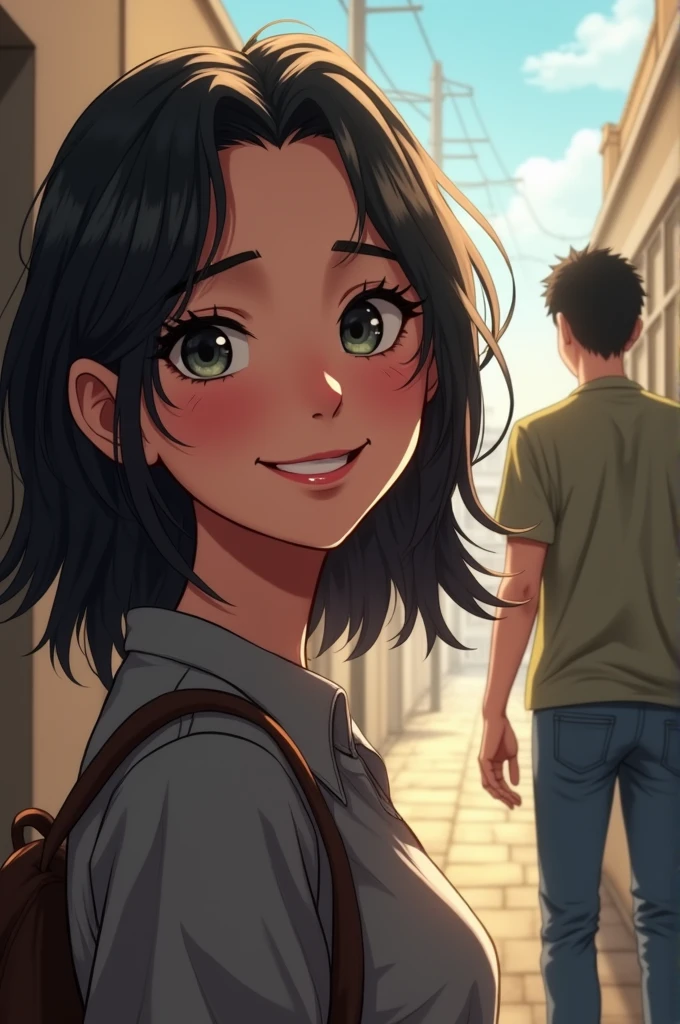 A smiling woman in front and a sad man walking away in the background