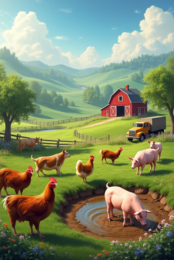 A farm with chickens, cows and pigs