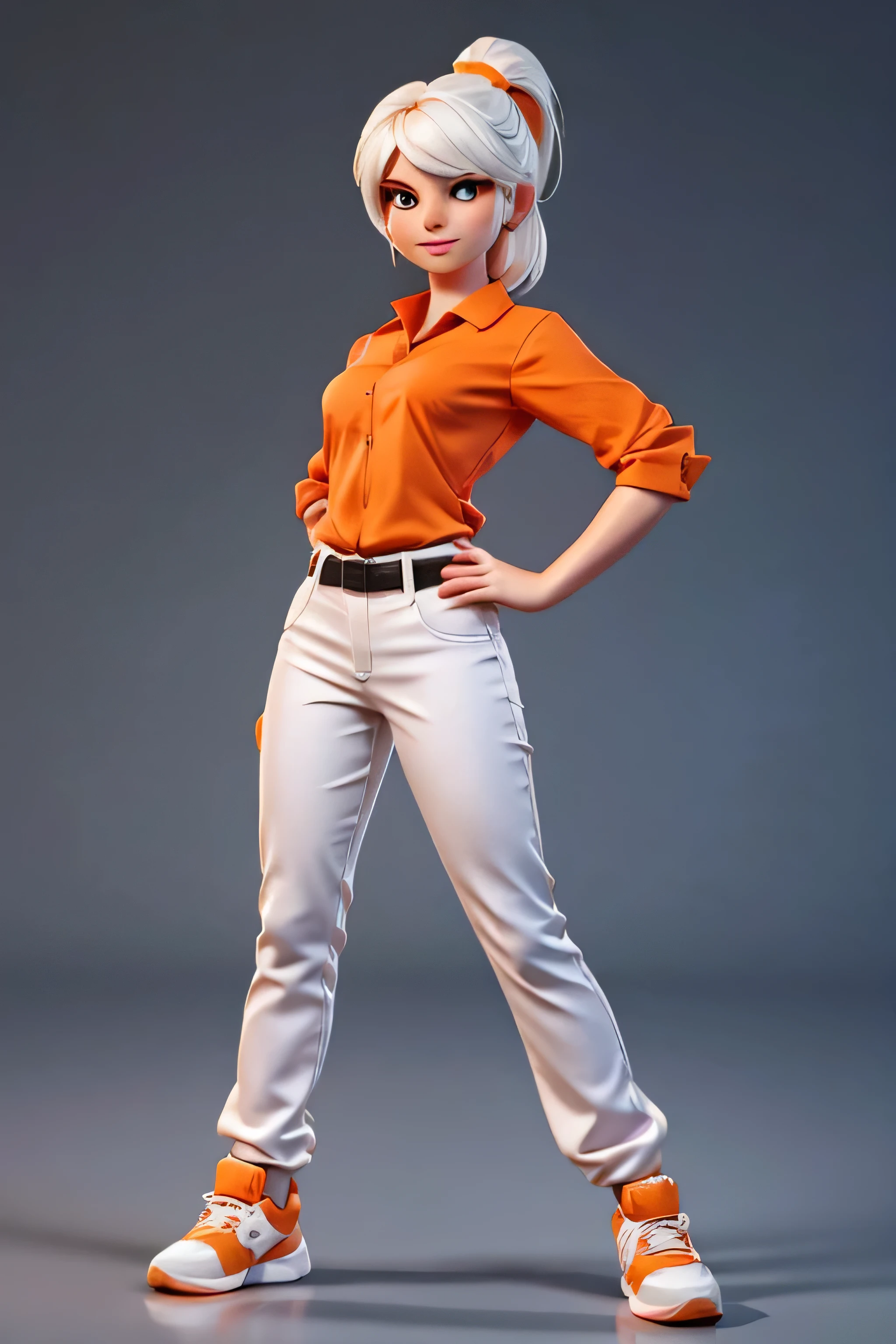 Create a female character with white skin and an orange shirt striking a strong pose..