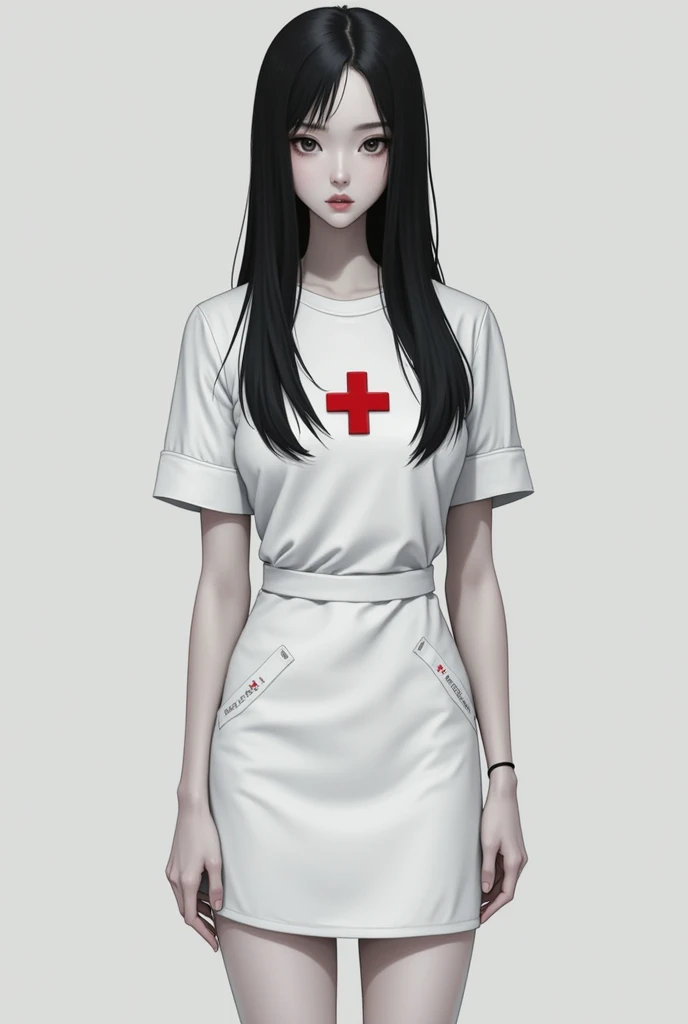 monochromatic、girl、Asian、Medium Bust、Simple Background、White nurse uniform、Very thin、long, straight black hair、Glaring at the camera、Pale skin、
information