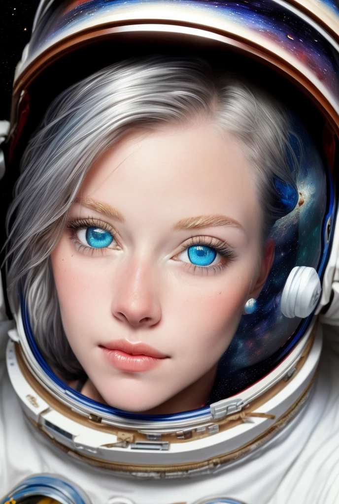 (Close-up of a better masterpiece:1.5)0.9], (Space and astronauts:1.2) (Messy silver hair:1.1) (Heterochromia xanthochromia and blue eyes:1.2) (Space Helmet:1.0) (Colored stars in the eyes:1.0) (A radiant glow:1.1) (thick lips:0.9)