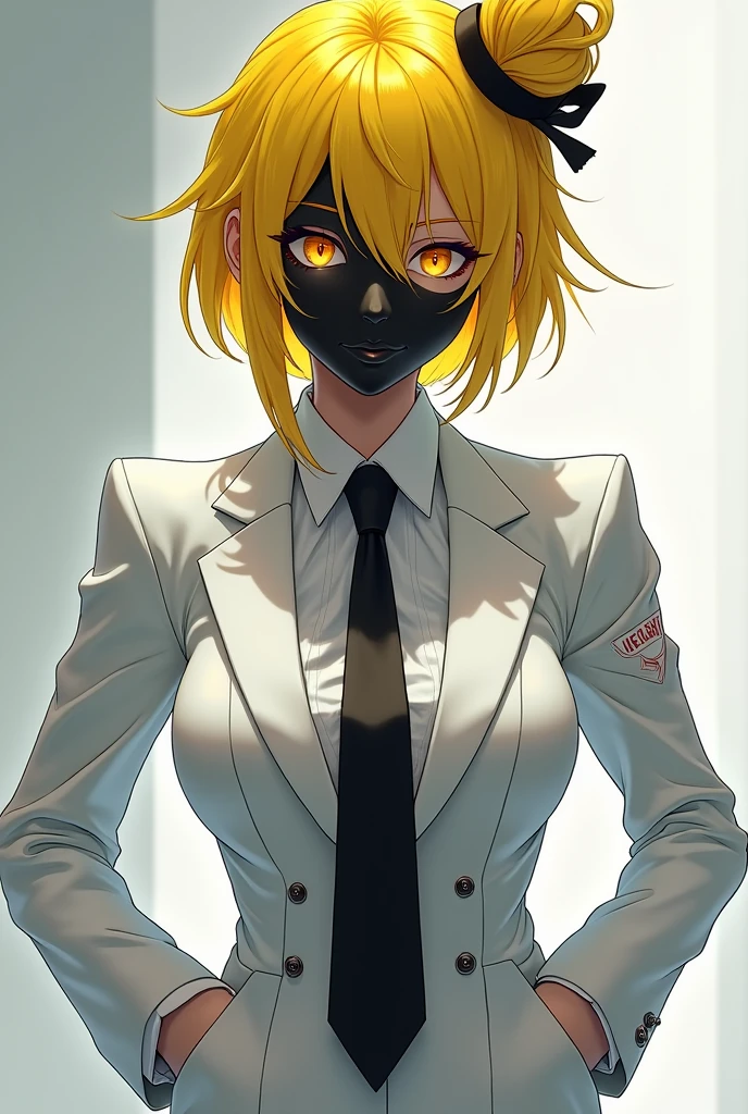 have an anime character with yellow hair up with a white jumpsuit and a black tie and blackface