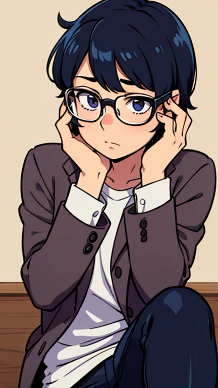 shy nerd boy studying, wearing glasses