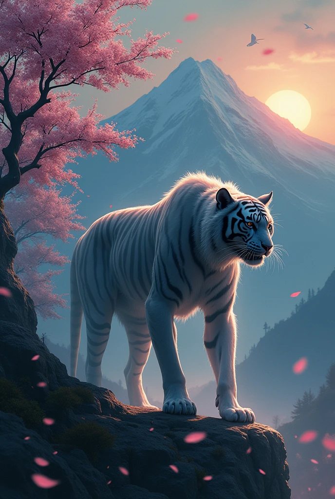 Lifeless Tiger Man. With sakura trees at sunset with mountains in the background