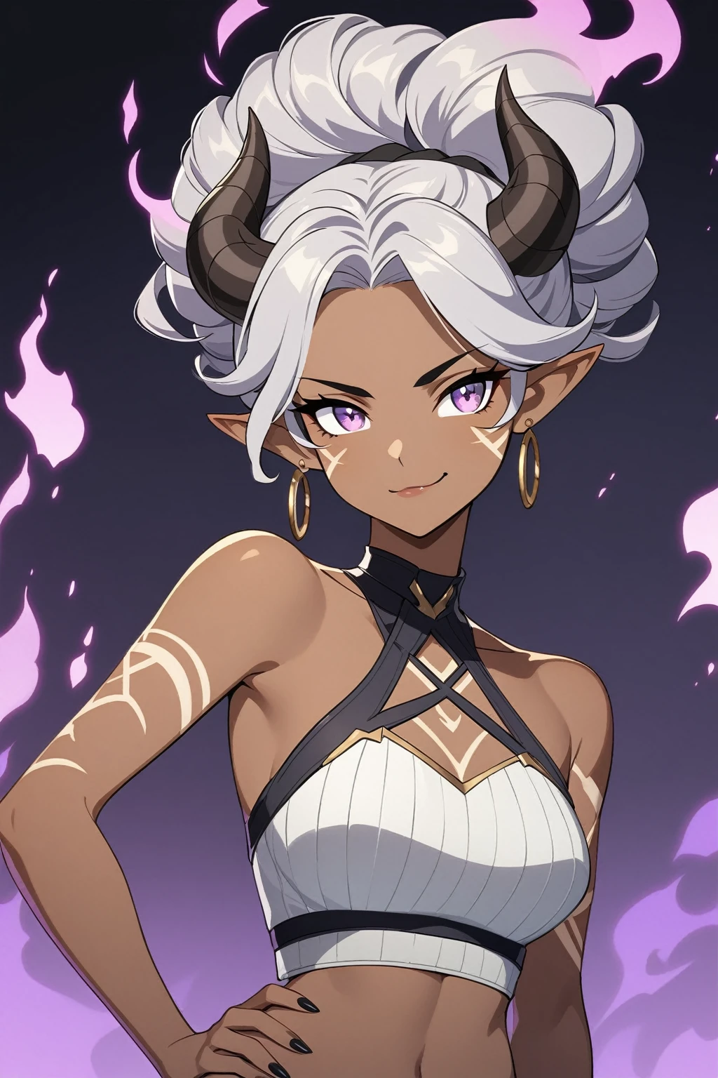 Genshin Impact art style, (African-American woman: 1.4), (silver body markings on arms: 1.2), portrait, upper body, curvy figure, tomboy, medium breasts, (large black demon horns: 1.3), (long curly hairstyle: 1.2), (silver hair: 1.1), violet eyes, very long pointy ears, gold earrings, black nails, black lipstick, cool expression, small smirk, (cropped ribbed white halter top: 1.3), cleavage cutout, midriff, (hand on hip: 1.2), looking away from viewer, dark gradient background, (purple fire aura: 1.3), 1girl, solo