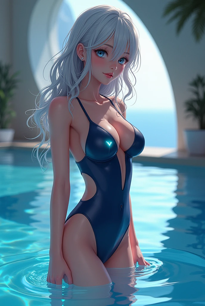 4k is very detailed, beste-Qualit, ((body complet, including legs)) photo of a beautiful (Embarrassed) 18-year-old (Slim) Anglo-Saxon wet girl with white hair and long two pigtails, ((sharp jawline)) and very small boobs, Very slim waist, Elastic big ass, in a wet swimsuit, lying on the lawn with legs apart, At night in the courtyard next to the pool in a luxurious private cottage in a wet white leotard swimsuit , cameltoe, (overhead view)