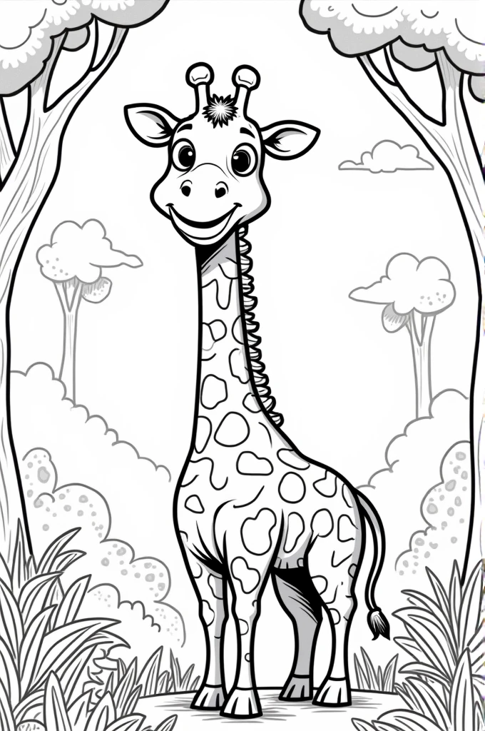 coloring book of a giraffe in the forest, cartoon style, thick lines, no color, white background, only lines