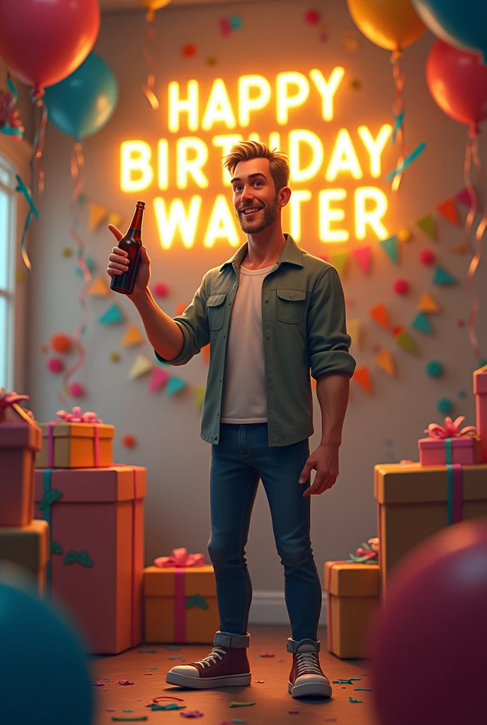 Realistic image of a birthday party. There are balloons of various colors floating and taped to the walls, as well as streamers and confetti scattered on the floor. A lighted sign with the letters "HAPPY BIRTHDAY WALTER" hangs on the wall. In the center of the room is an armchair with an adult Caucasian man with short dark blond hair, a very broad forehead and a hairless oval face with a large nose, holding a bottle in one hand and making a peace sign with the other. The man is dressed casually and is surrounded by gift boxes.