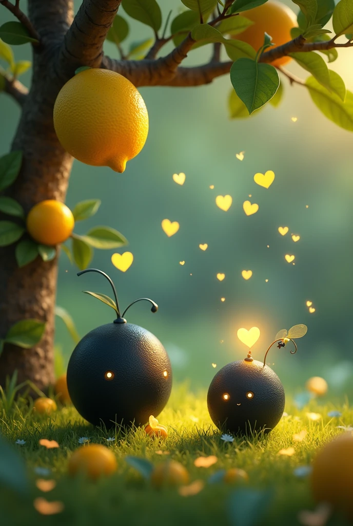 You can create a small black ball with eyes that talks to an animated firefly on a lemon tree., with hearts