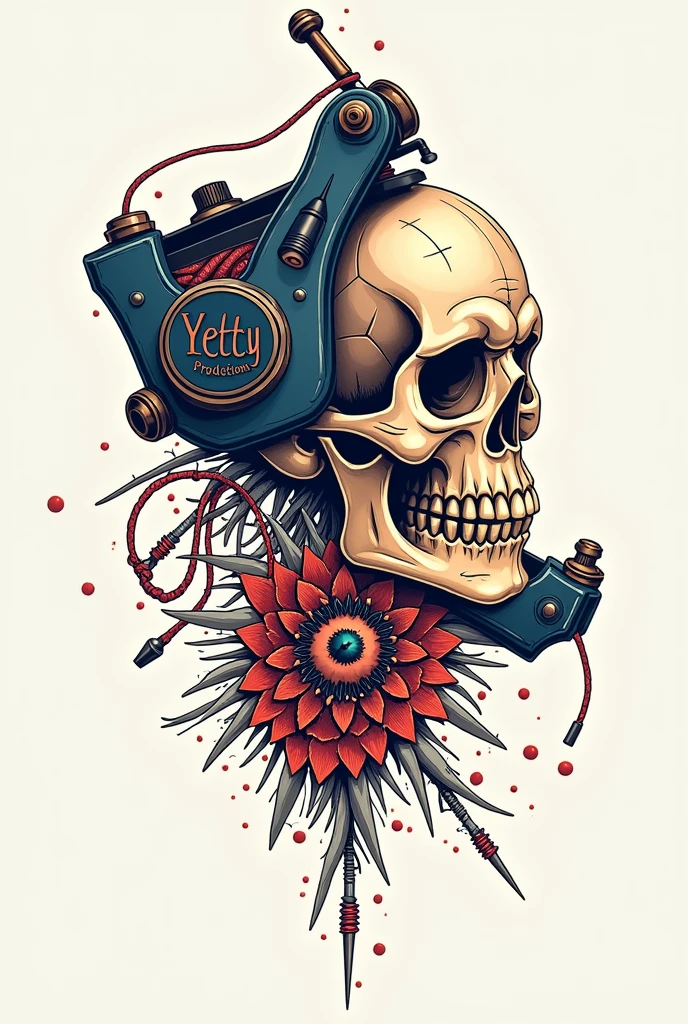 Create an image where you see a tattoo machine and an embroidery needle and thread and the image says yetty productions with embroidery thread and a sewing needle with a skull