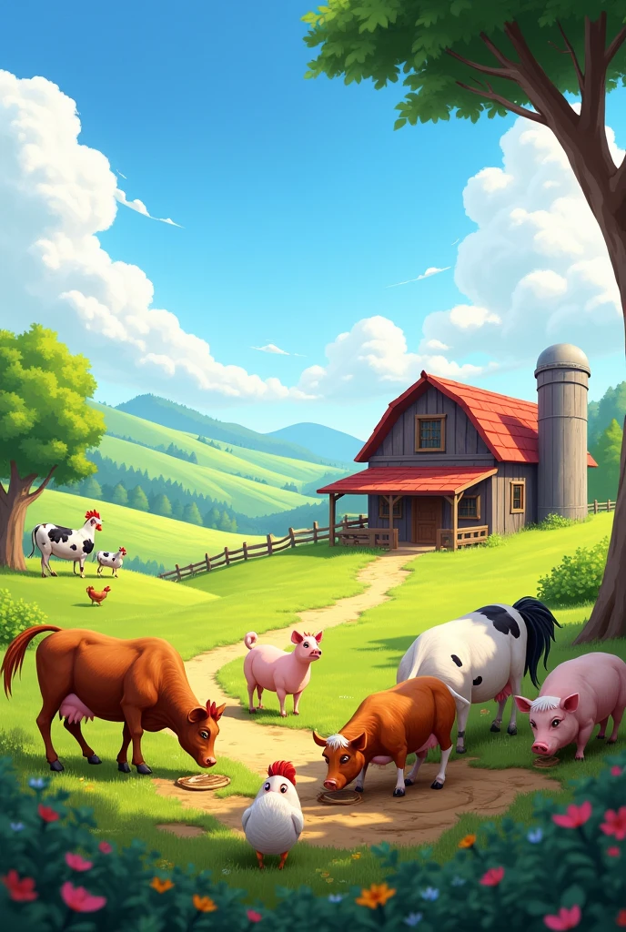 A farm with chickens and cows and pigs